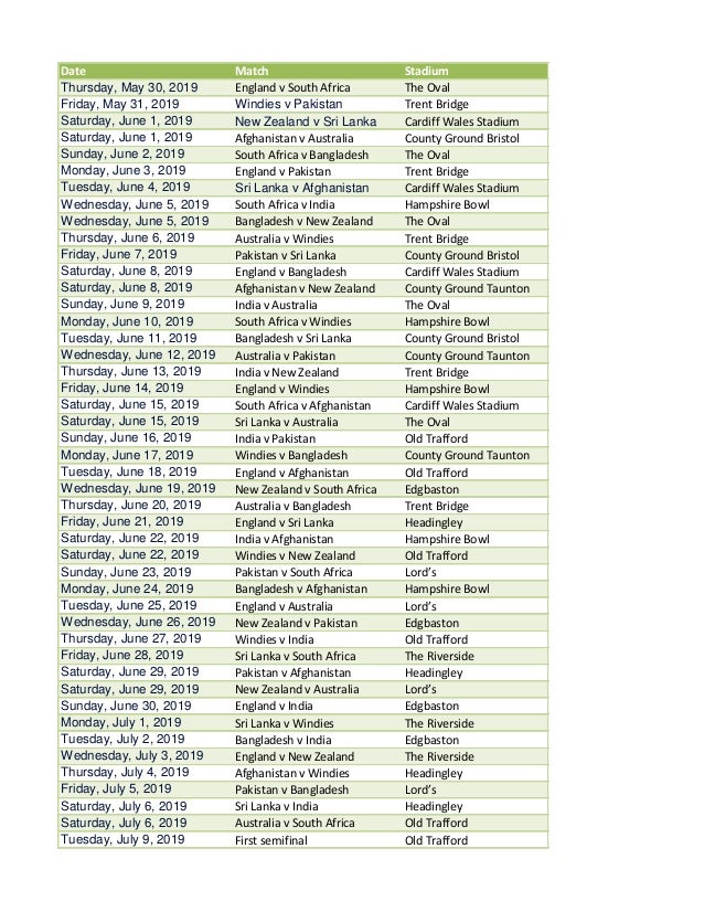 Icc World Cup Schedule Pdf